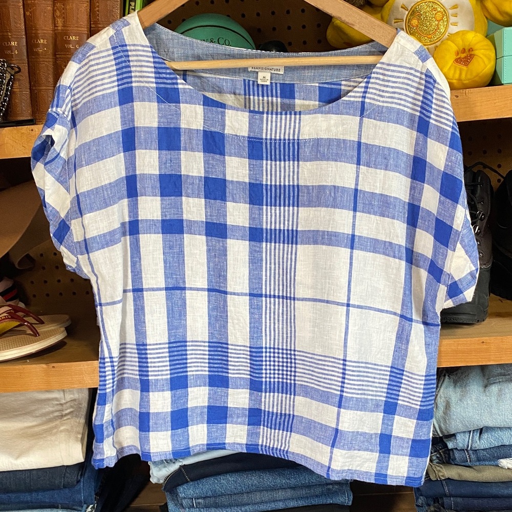 L.L. Bean Blue and White Checkered Blouse